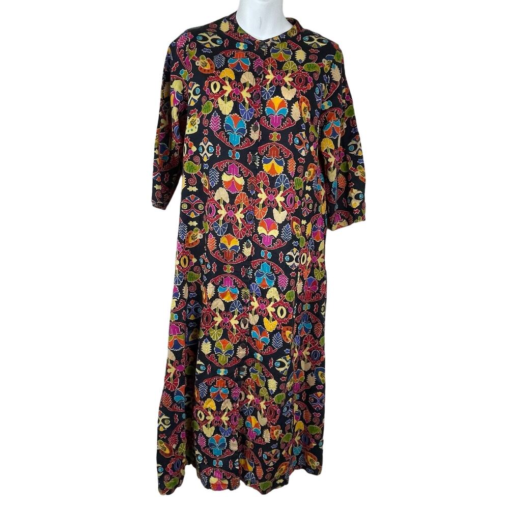Anouk by Myntra Shirt‎ Dress L Black Paisley Boho Cottagecore 3/4 Sleeve Midi